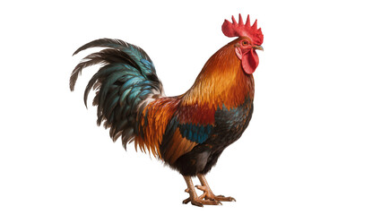 Isolated vibrant rooster standing proud farm bird with beautiful colorful plumage © Aoife
