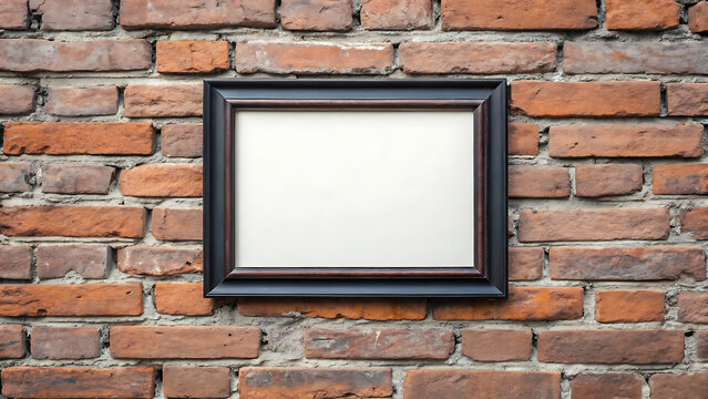 Empty black picture frame on brick wall for art display. Minimalist blank canvas ready for gallery installation or home decor.