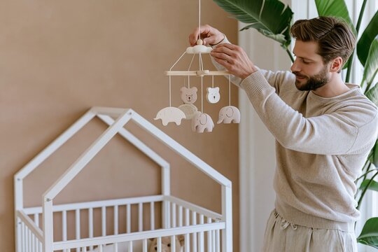 Young man in cashmere sweater hangs wooden animal mobile above white crib in a boho nursery with warm ochre walls and greenery
