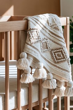 Closeup of ethnic patterned baby blanket with hand-knotted tassels draped over natural wood crib rail in a boho nursery setting