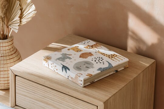 Illustrated baby board book featuring hand-drawn animals on a natural wood nightstand in a boho nursery with warm terracotta wall