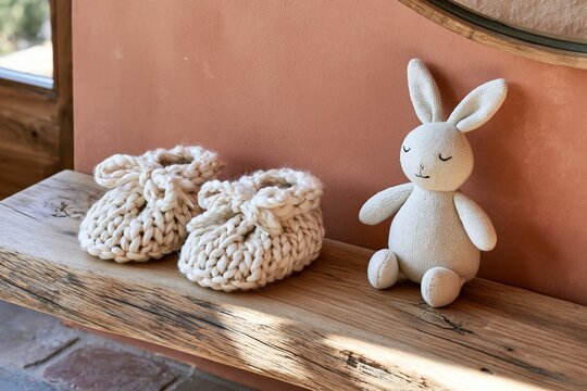 Closeup of cream knit baby booties beside a plush rabbit toy on a natural wood shelf in a boho nursery with terracotta wall
