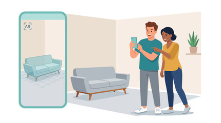 Fototapeta premium Couple using augmented reality app on smartphone to visualize furniture in living room, modern interior design concept