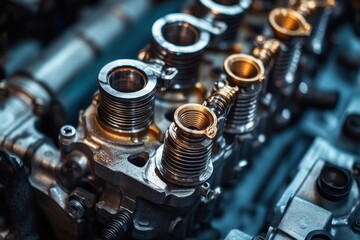 Fototapeta premium close-up of metallic engine cylinder head with exposed valve springs, threaded ports, bolts and oil sheen conveying precise industrial mechanics