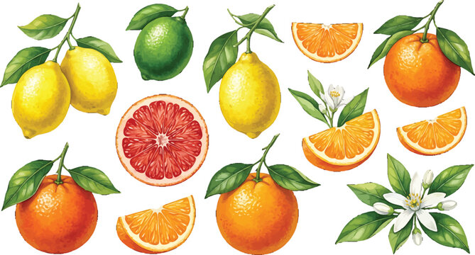 Set of watercolor citrus fruits including oranges lemons limes and grapefruit with green leaves and white blossoms vector illustration