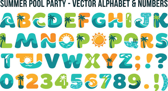 Summer pool party alphabet and numbers set with tropical palm tree wave and sun decorative graphic design elements