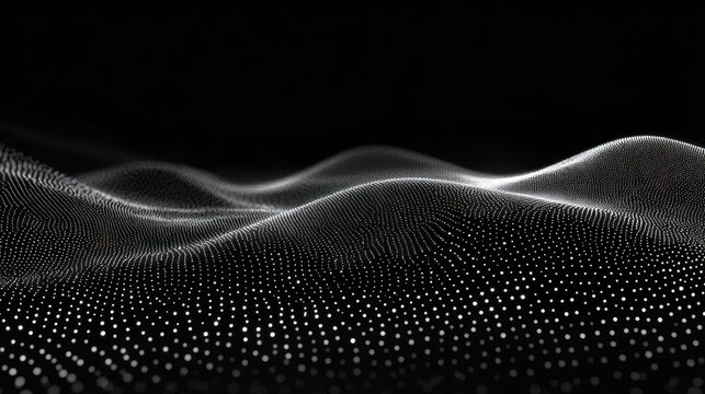 undulating field of white luminous dots forming a flowing wave-like point cloud over a dark background, calm futuristic atmosphere