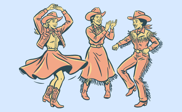 Vintage cowgirl dance illustration. Three women in western outfits dancing and clapping. Retro country music festival graphic for t-shirt design.