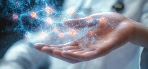 Fototapeta premium open human hand cradling a glowing blue holographic network of interconnected orange nodes, evoking wonder and futuristic innovation