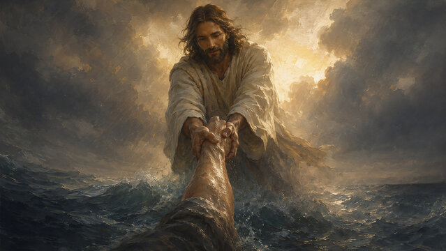 Jesus Christ rescuing a person from a stormy sea, dramatic Christian illustration symbolizing salvation, divine help, faith and hope in crisis