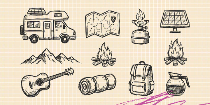 Hand drawn vintage black ink scribble doodle vector set of camping hiking backpack and outdoor icons for creative graphic design