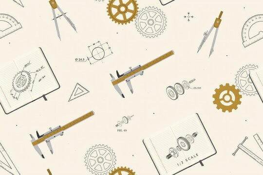 Seamless pattern featuring technical engineering tools, mechanical gears, calipers, protractors, and blueprint on a light background