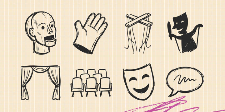 Hand drawn vintage black ink scribble doodle vector set of theatre drama masks and acting icons for creative graphic design