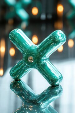 teal glass four-pronged sculpture resting on a reflective surface with warm bokeh lights, calm elegant and playful mood