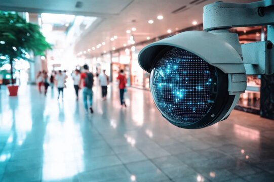 dome surveillance camera with glowing digital globe overlay overlooking blurred shoppers in a bright modern mall, conveying vigilant futuristic watchfulness