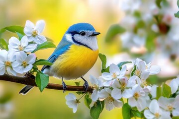 Obraz premium Blue and yellow songbird perched on a blossoming branch with white flowers, peaceful spring scene
