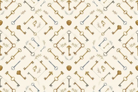 Seamless pattern featuring various antique skeleton keys, ornate vintage metal key and small decorative sprigs on a light beige background