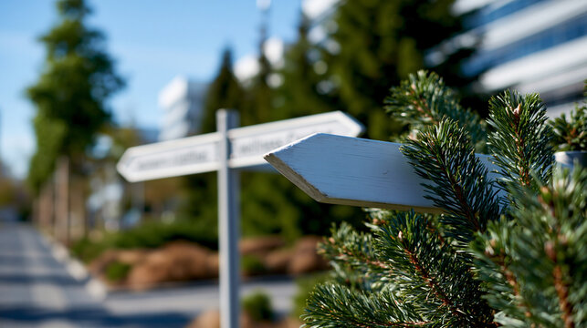 Pointing toward a generic community wellness center, a clean roadside wayfinding sign stands among landscaped greenery, public health services, local care, navigation, community support,
