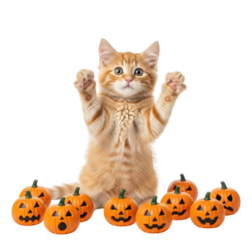 Orange cat in Halloween costume playing.