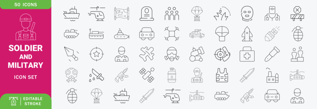 Soldier and military line editable icon set. Containing soldier, military, army, force, warior, equipment, gun and more. Editable stroke. Vector illustration