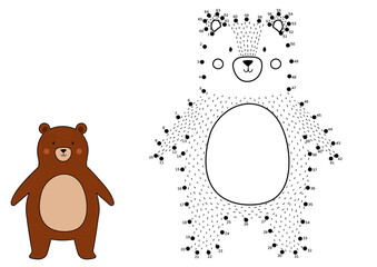 Obraz premium Dot to dot game for kids with adorable brown bear. Printable connect the dots activity worksheet for children and classroom. Vector illustration