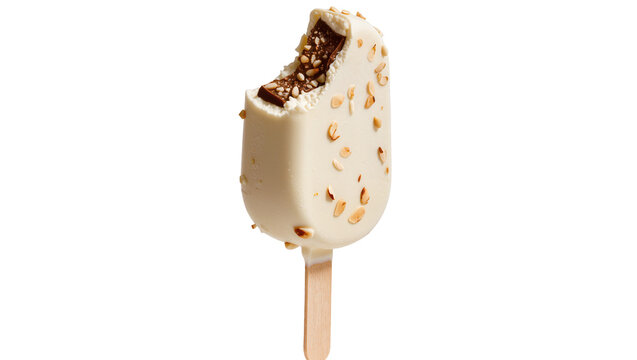 Isolated bitten white chocolate ice cream bar with crunchy almonds and rich chocolate filling.