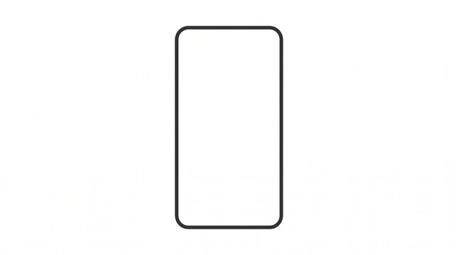 Minimalist smartphone outline with blank white screen, simple mobile phone wireframe mockup, black line art cell phone frame on white background