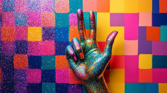 A hand covered in colorful glitter against a vibrant pixelated background.