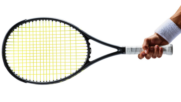 Isolated hand holding a tennis racket with vibrant yellow strings ready for play