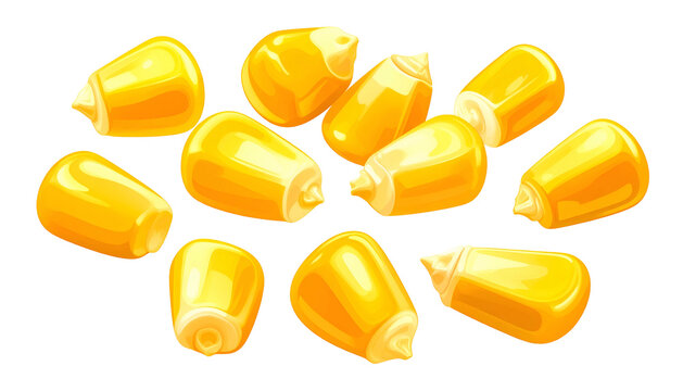 Pile of glossy yellow corn kernels, bright and cartoonish in style
