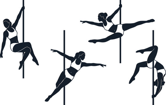 Pole Dance Silhouette Set Featuring Female Dancers Executing Acrobatic Poses, Fitness Gymnastics Tricks, Athletic Inversions, and Artistic Aerial Sport Vector Icons
