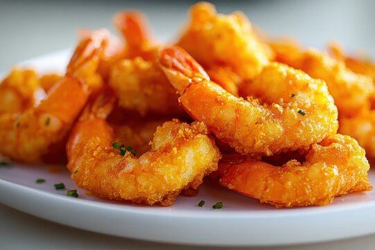 golden crispy breaded shrimp piled on a white plate with herb garnish, warm and appetizing