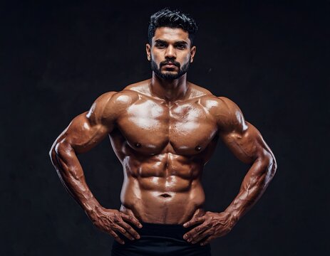 A muscular man with a strong physique and defined abs posing