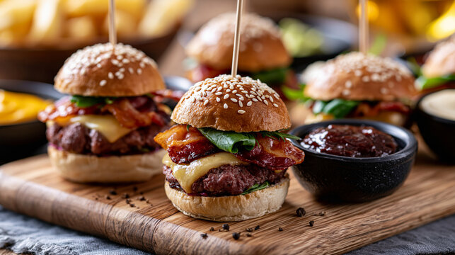 Gourmet mini beef sliders with bacon, cheddar cheese, and fresh spinach on sesame seed buns, served as appetizing pub snacks and party food on a wooden board