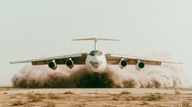 Ilyushin il 76 cargo aircraft landing on a remote desert runway. Generating a substantial dust cloud from engine exhaust and reverse thrust, copy space