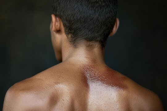 Close-up of a bare upper back and neck with short dark hair, glistening wet skin and a reddened irritated patch along the spine, conveying discomfort and vulnerability