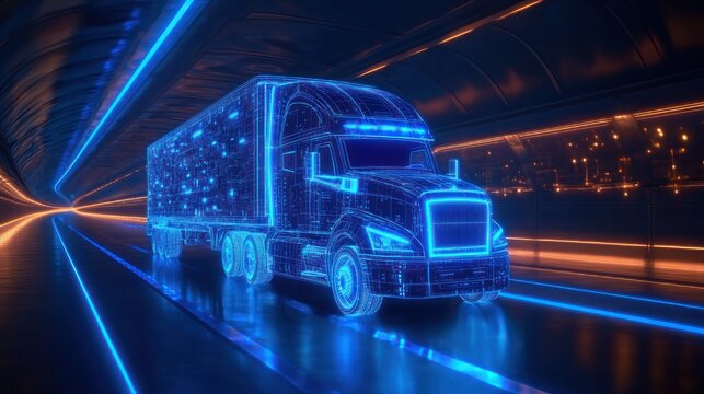 futuristic neon wireframe semi truck speeding through illuminated tunnel with glowing blue holographic trailer and orange light streaks, dynamic high-tech motion