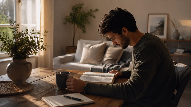 Young Christian man reading the Bible at a wooden table in warm morning sunlight, personal faith, study and spiritual reflection concept.