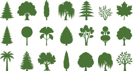 Green, tree, silhouettes, collection, including, pine, oak, palm, maple, willow, birch, cypress, forest, nature, elements, botanical, flora, landscape, design, icons © MstSumi