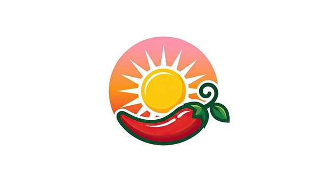 Red chili pepper logo with sun and sprout.