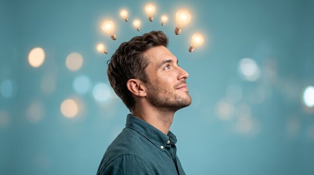 Man with glowing light bulbs above head. Creative thinker finding a brilliant new idea.