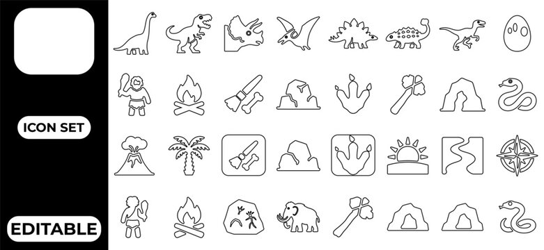 A set of editable dinosaur icons in black and white silhouette mode