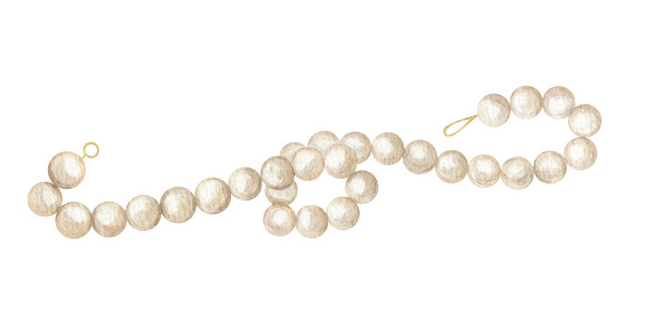 Pearl necklace watercolor illustration on isolated background. Jewelry accessory with round shiny beads in classic style design. Fashion bijouterie for wedding celebration or formal event