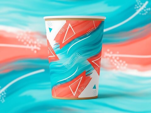 Paper coffee cup mockup with abstract red and blue brush stroke design