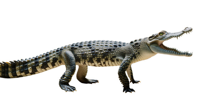 Isolated full body crocodile with mouth open, side view, dangerous predatory reptile animal