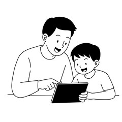 father and son looking at the tablet