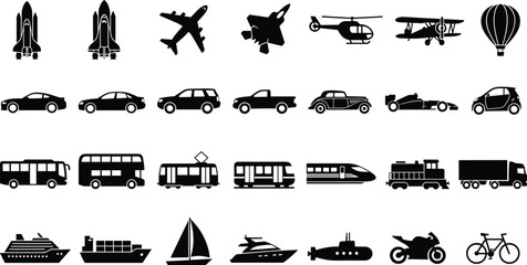 Vector collection of transportation silhouette icons including airplanes, helicopters, cars, buses, trains, ships, motorcycles, bicycles, and spacecraft © Its Butterfly