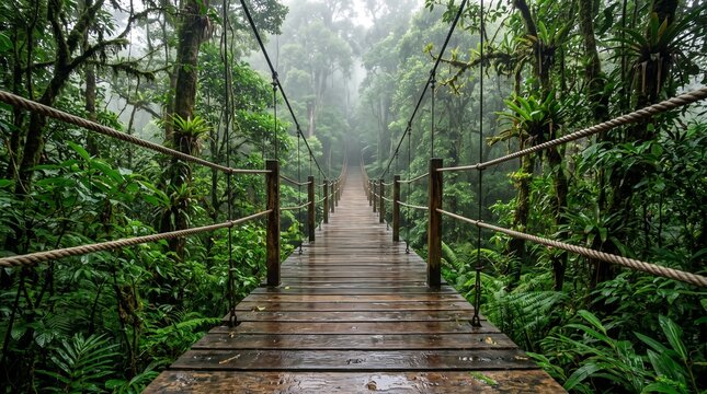 Wooden bridge in a misty rainforest. Suspension walkway path through a tropical jungle.