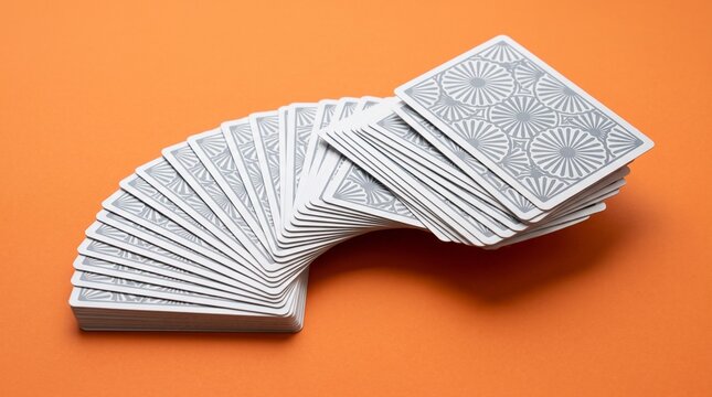 Deck of blue playing cards fanned out on orange background with background