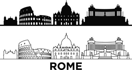 Naklejka premium Rome Italy Landmark Silhouette and Line Art Skyline Collection with Historic Architecture